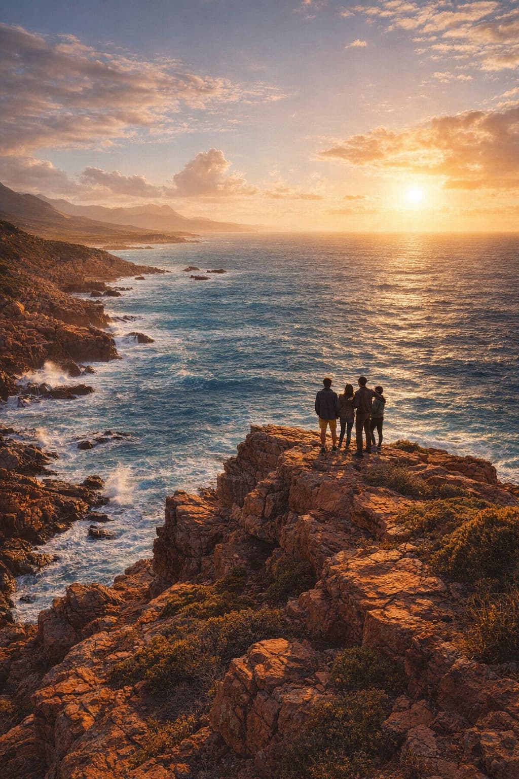 A small group of travellers standing on rocky South African cliffs overlooking a stunning turquoise ocean at golden hour near Pearly Beach, Western Cape.