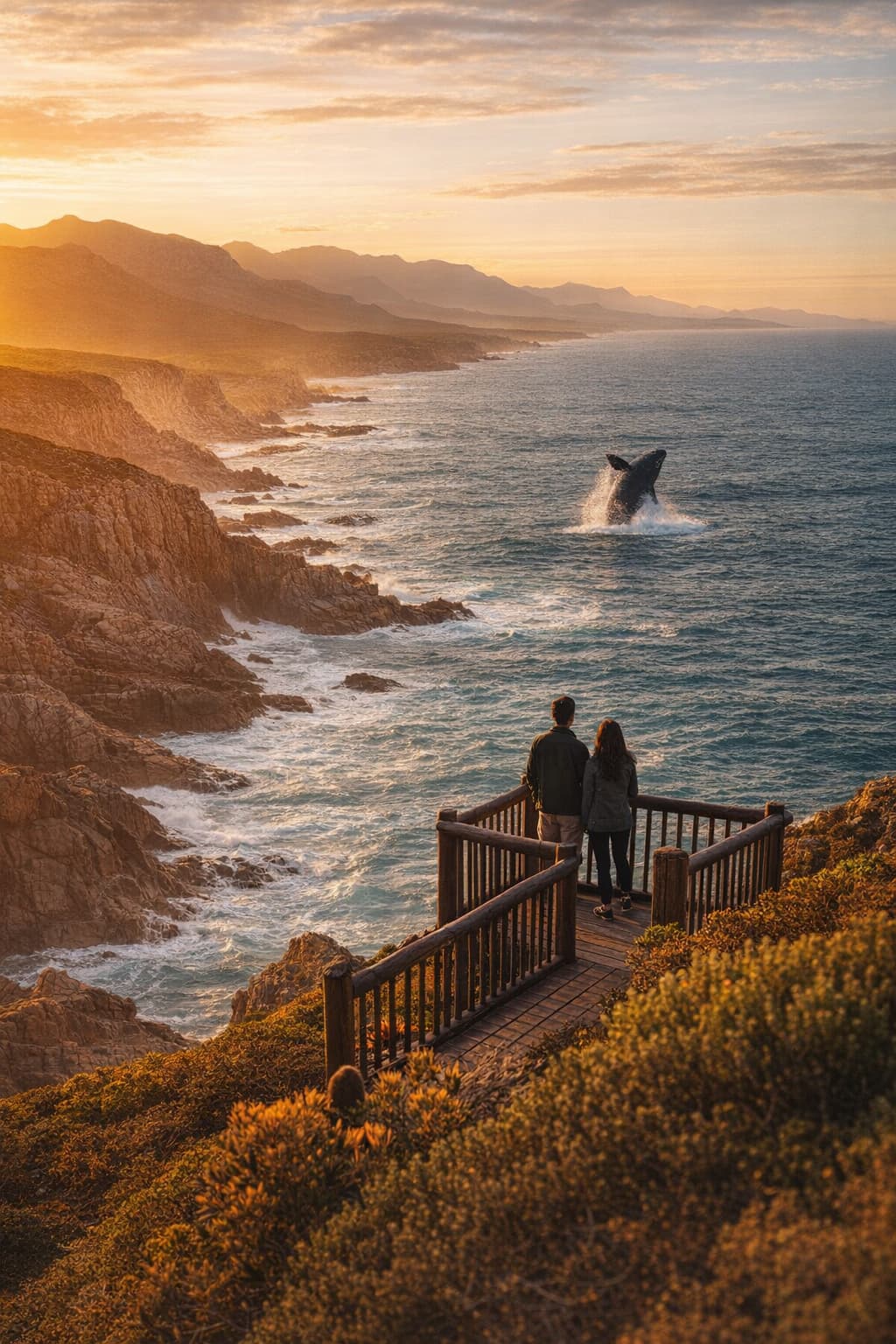 Golden hour coastal tour scene near Hermanus, Western Cape, with a small group on a scenic viewpoint and a whale breaching in the distance