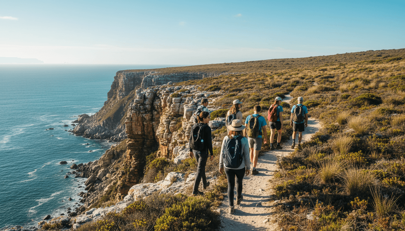Multi-day tour group walking along Western Cape coastal trail