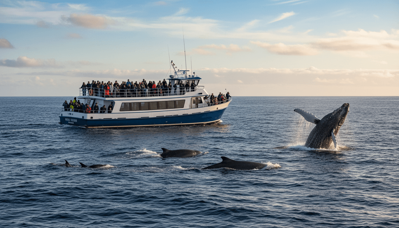 Small tour boat with visitors viewing whales during seasonal migration near Pearly Beach
