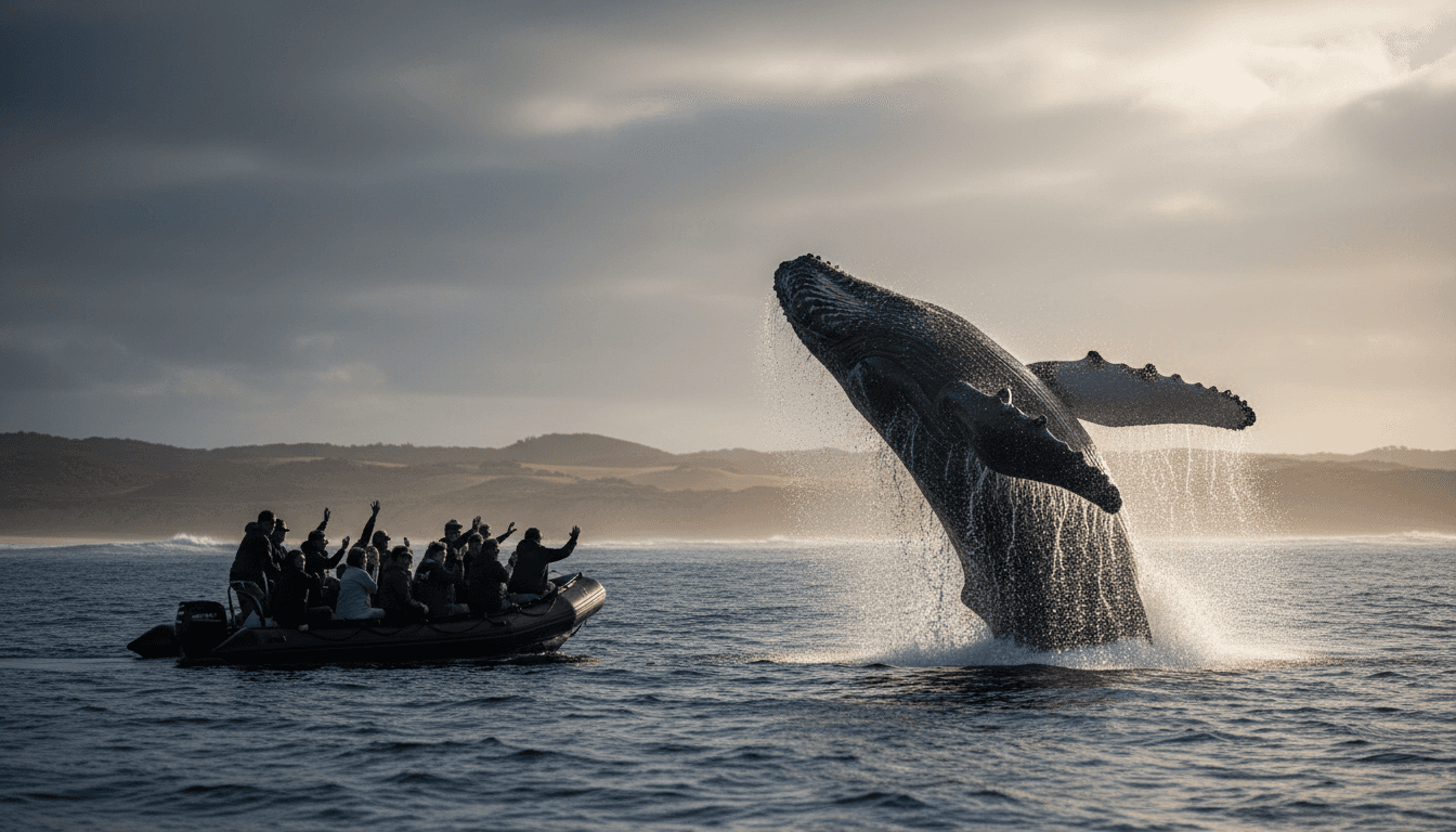 Whale watching tour with Southern Right Whale breaching near boat