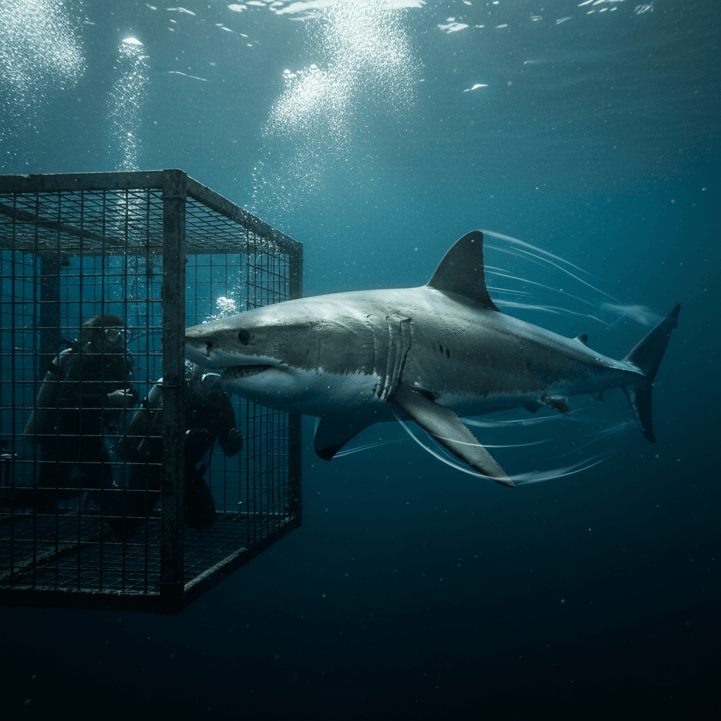 Great White shark near diving cage encounter