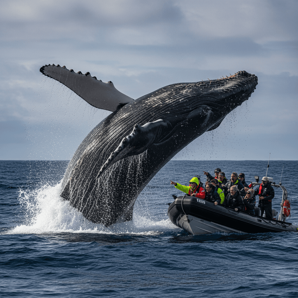 Southern right whale breaching near tour boat with visitors