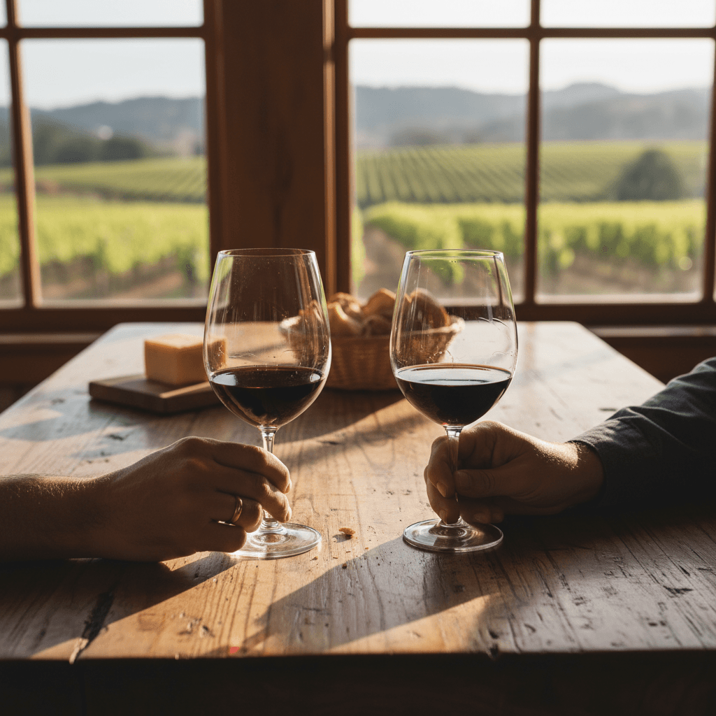 Wine glasses during tasting experience at Overberg wine estate with vineyard views