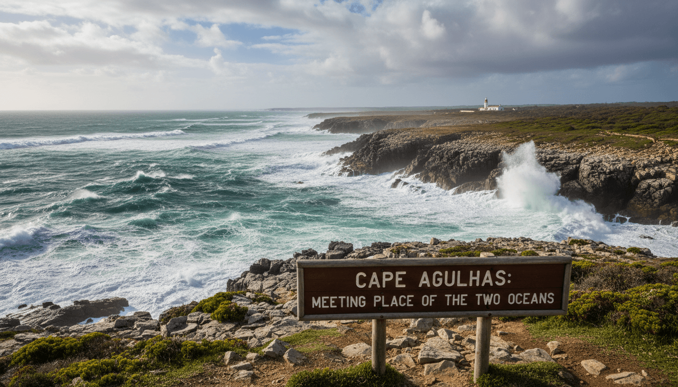 Dramatic coastal cliffs and rocky shoreline at Cape Agulhas