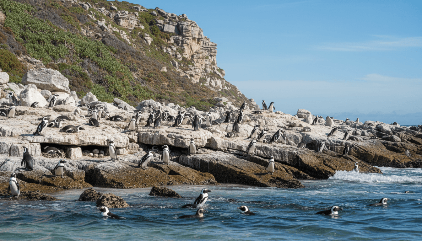 African penguin colony gathered on coastal rocks near Gansbaai