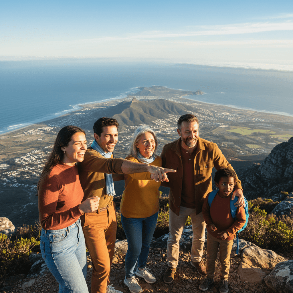 Tour group of five enjoying Table Mountain views during afternoon excursion
