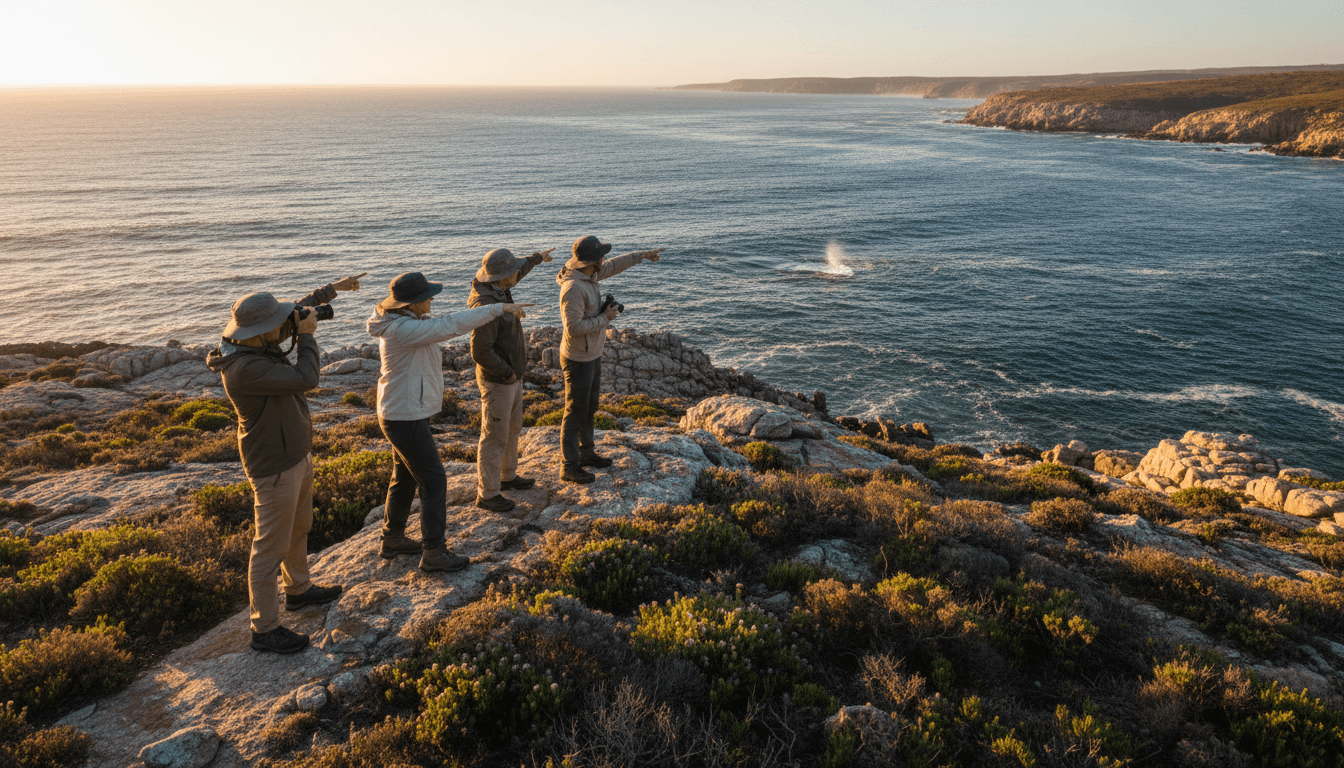 Small group of tourists enjoying coastal views at Pearly Beach during golden hour