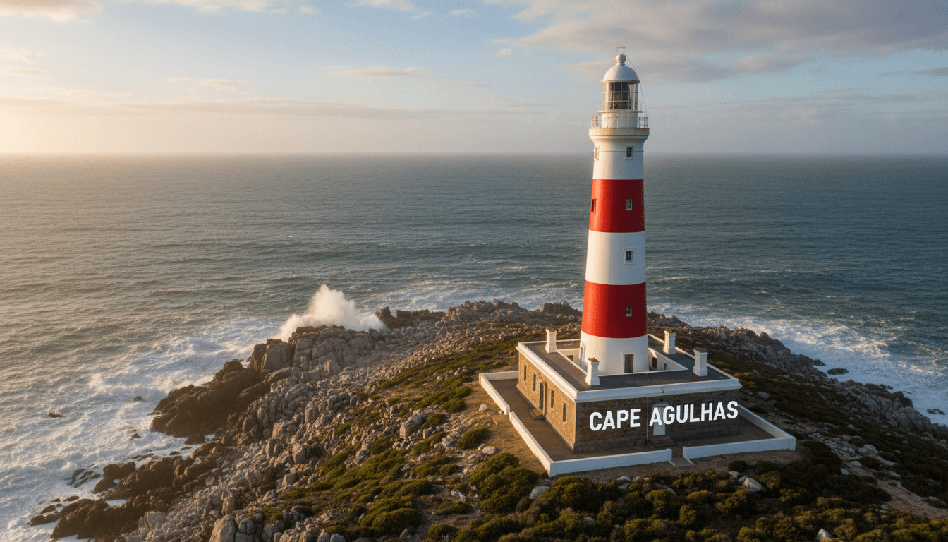 Cape Agulhas lighthouse marking Africa's southernmost point with coastal landscape