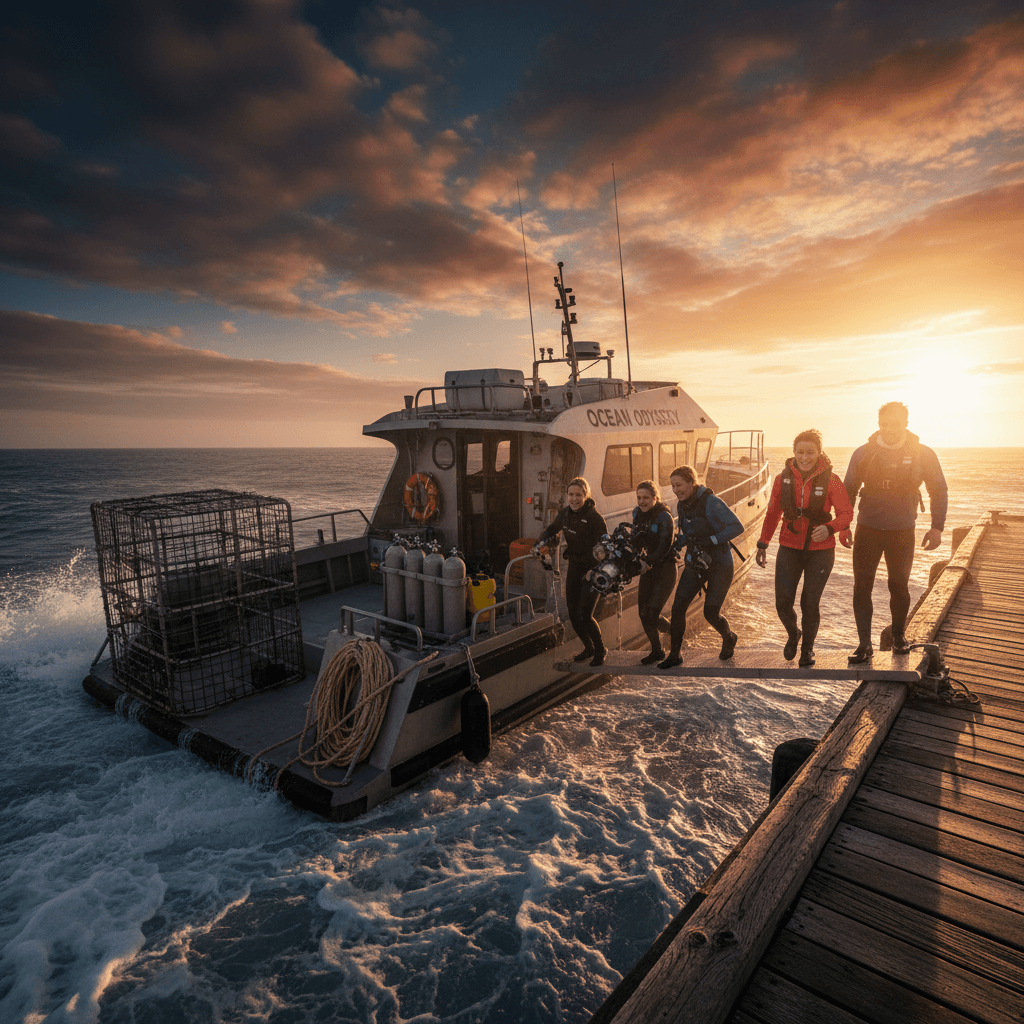 Adventure seekers boarding shark cage diving boat at Pearly Beach harbor