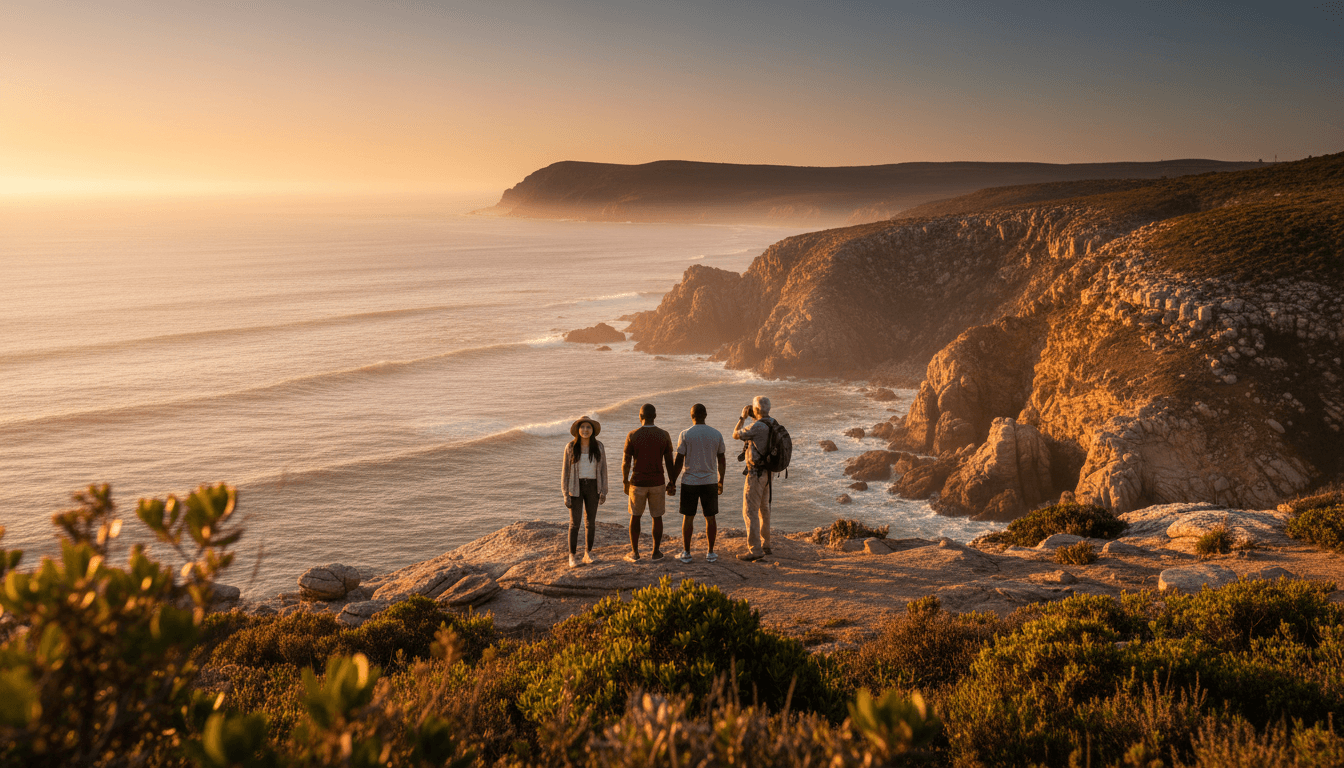Small group of tourists overlooking scenic coastal views near Pearly Beach, Western Cape