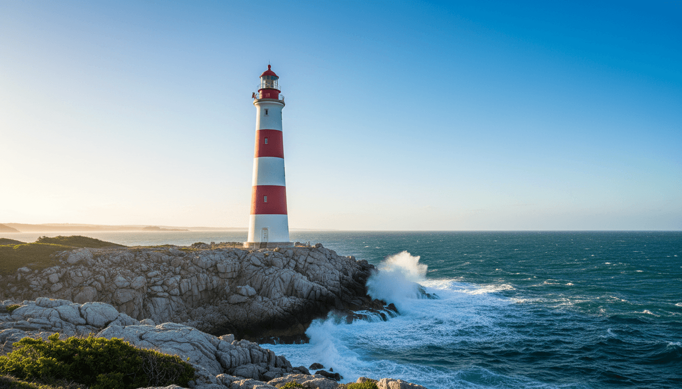 Historic Cape Agulhas lighthouse tower with distinctive striped pattern