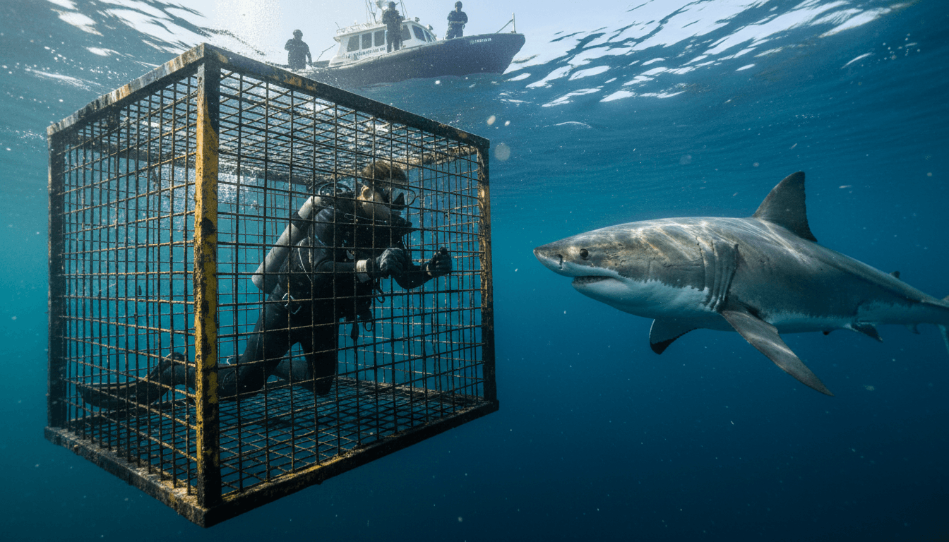 Shark cage diving with diver watching great white shark approach