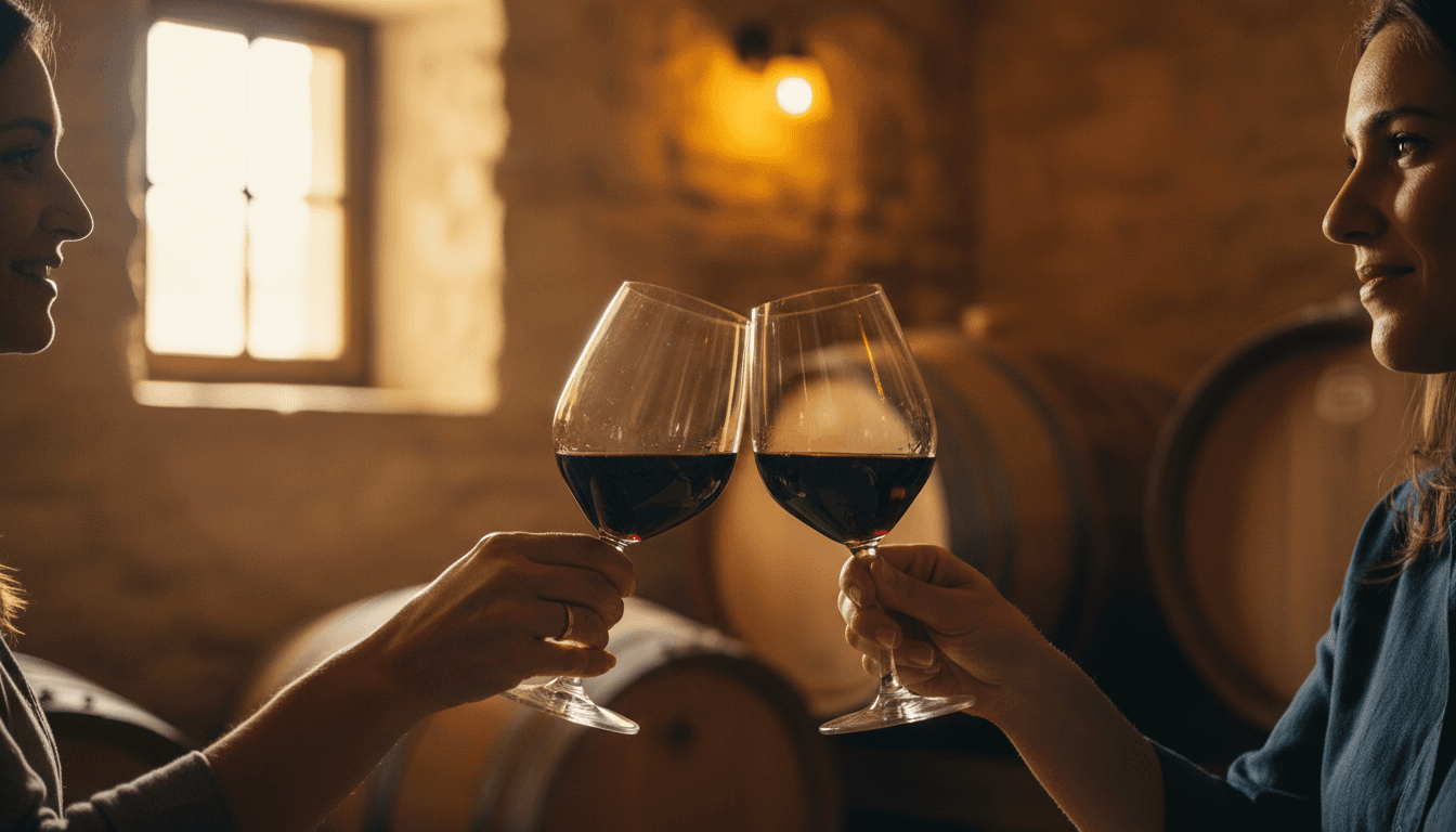 Wine route tour with guests toasting at winery cellar