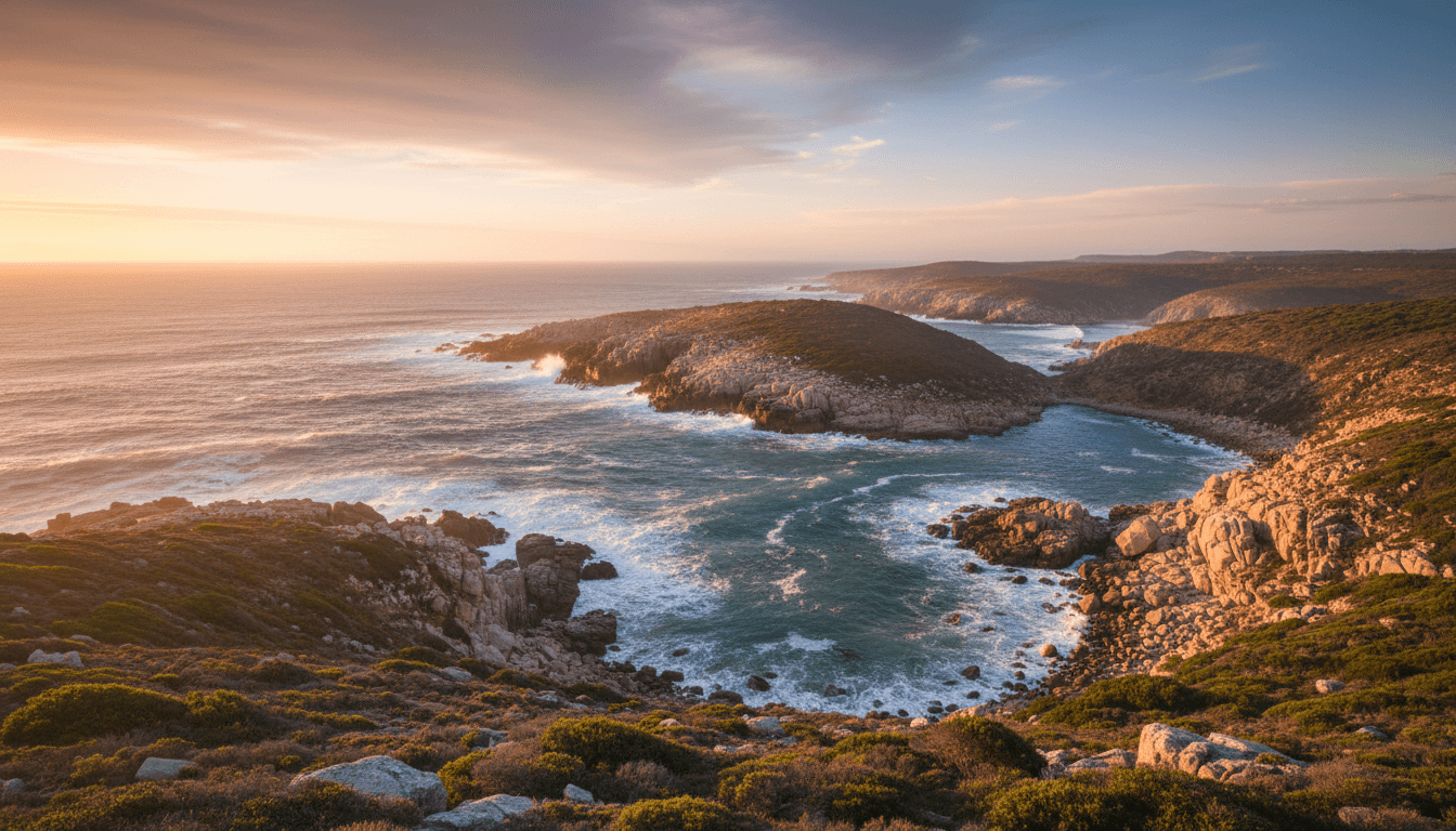 Gansbaai coastline with dramatic rocky cliffs overlooking the Atlantic Ocean