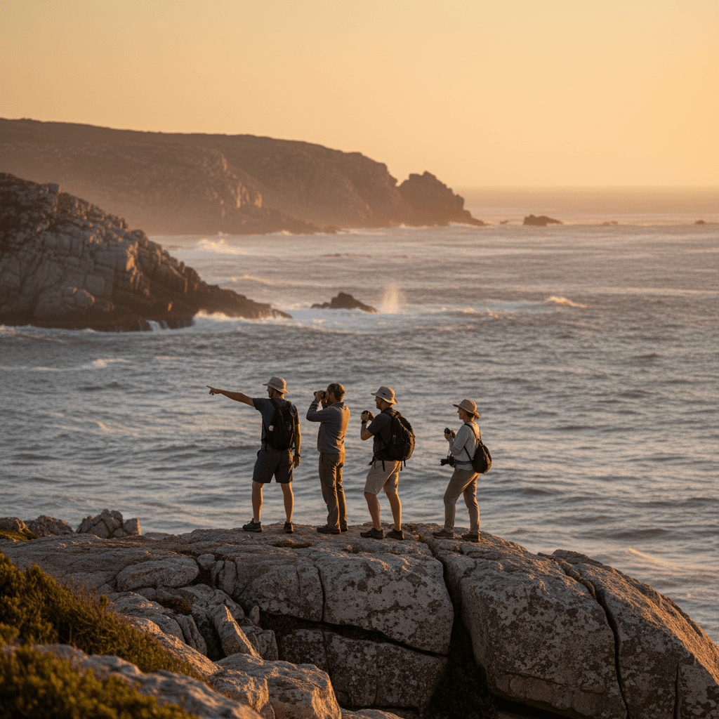 Small group of tourists whale watching on rocky Hermanus coastline with ocean views