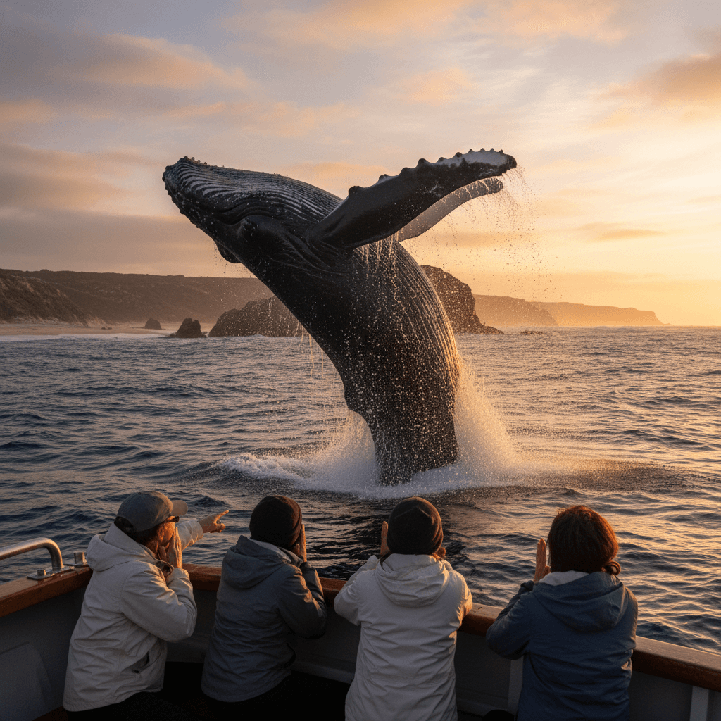 Southern Right Whale breaching near tour boat with tourists watching from Hermanus waters