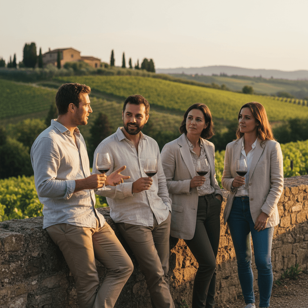 Tourists enjoying wine tasting moment at estate with vineyard backdrop