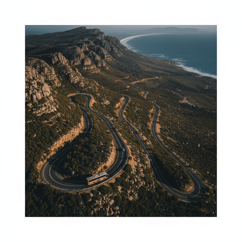 Tour vehicle ascending Table Mountain road with coastal views of Pearly Beach region