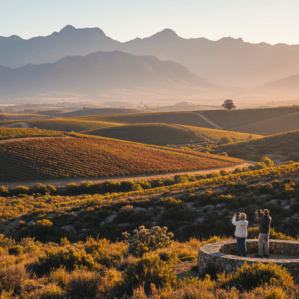 Tourists enjoying expansive views of Overberg wine country and fynbos landscape at golden hour