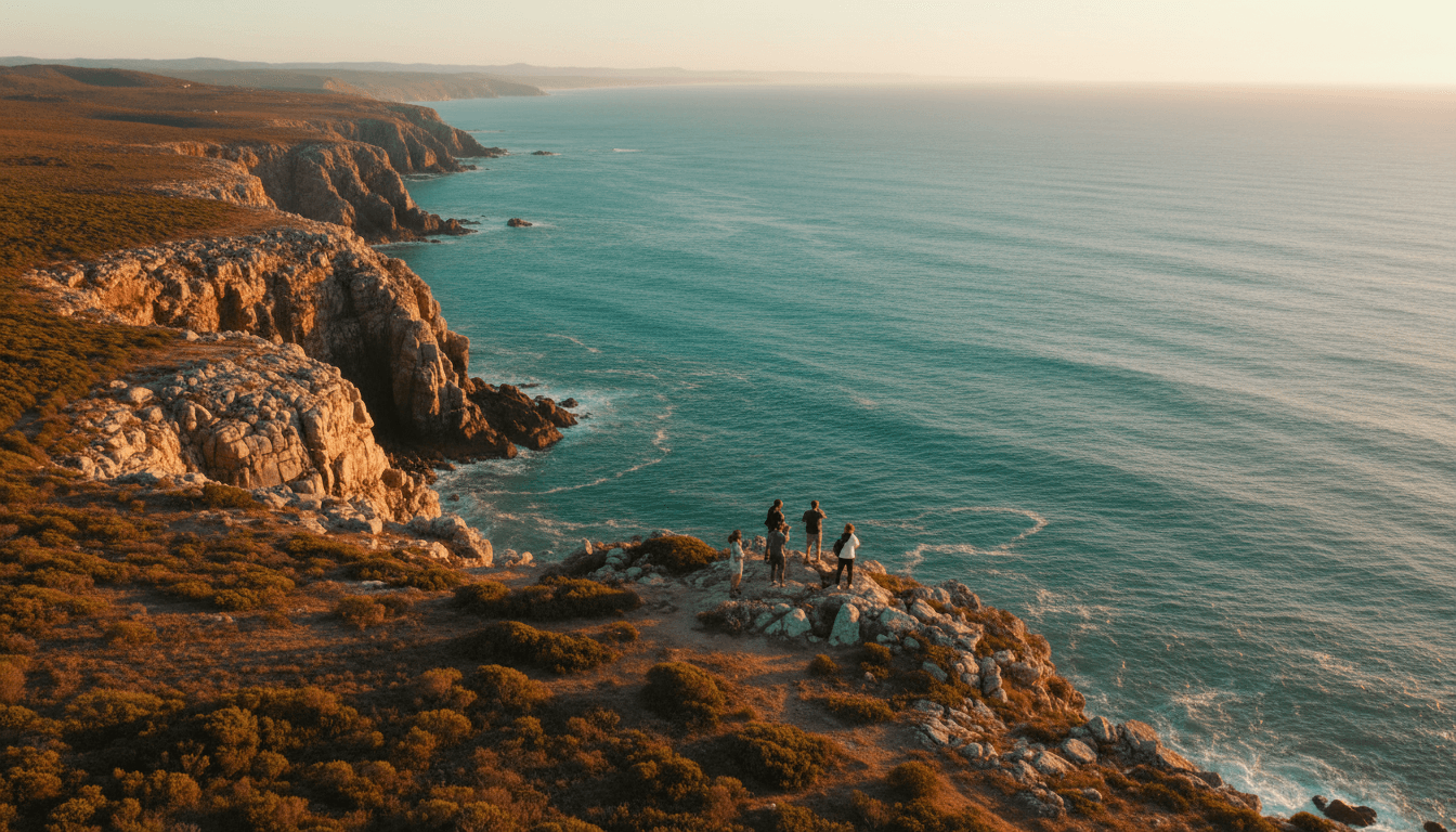 Small group of tourists overlooking the dramatic Overberg coastline at golden hour