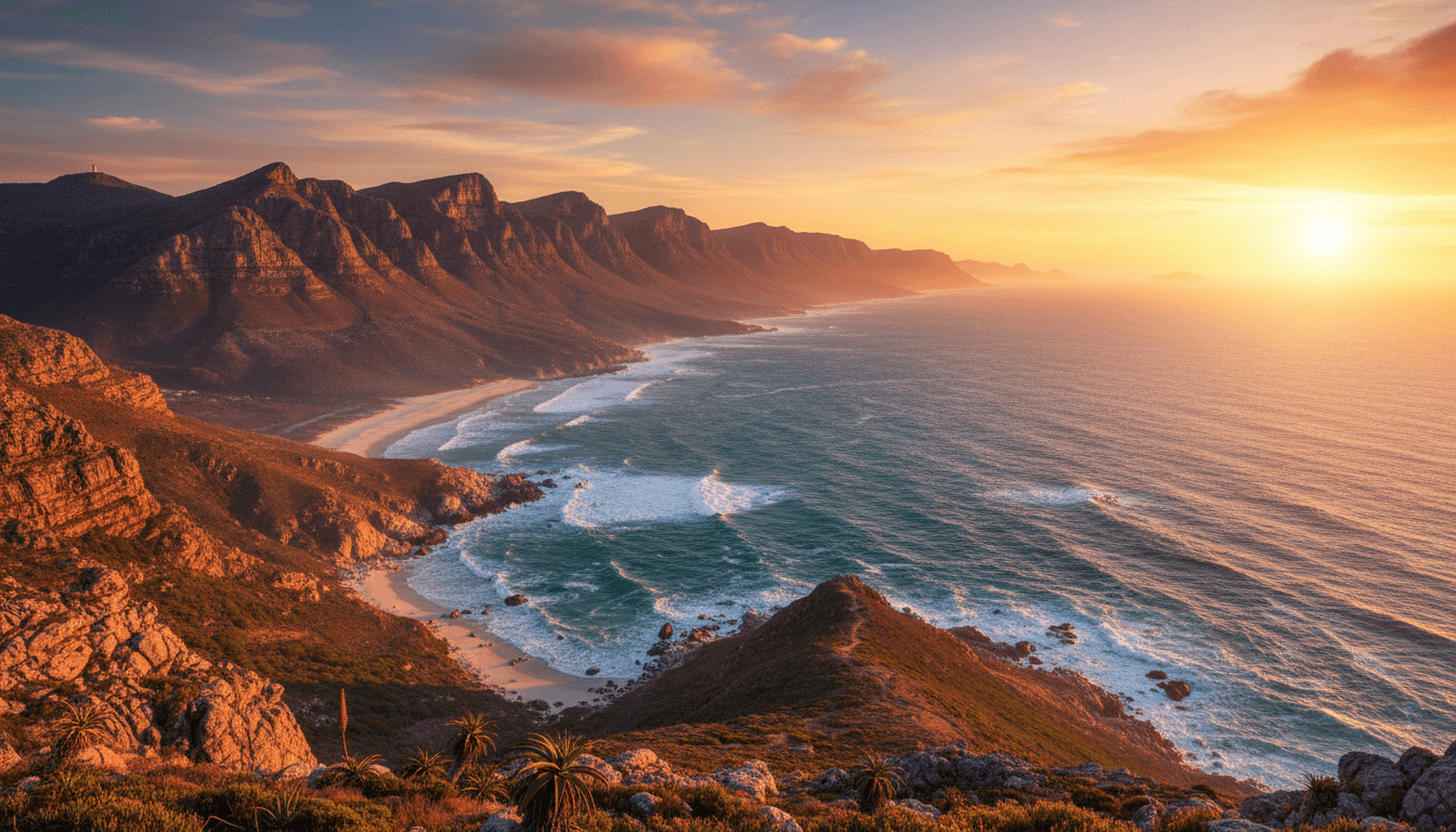 Dramatic coastal landscape with mountains and ocean at golden hour in South Africa