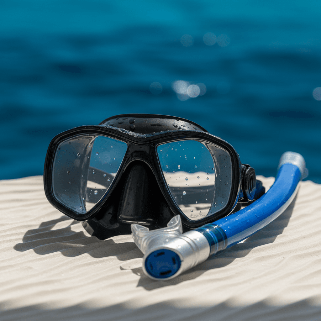 Professional diving mask and snorkel set photographed close-up with ocean-blue background and soft natural lighting