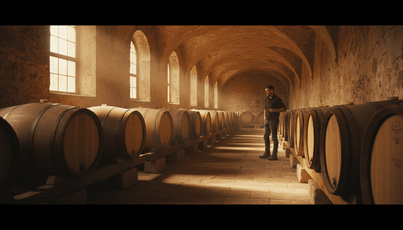 Historic stone wine cellar with wooden barrel racks and visitor exploring aging wine collection in natural light