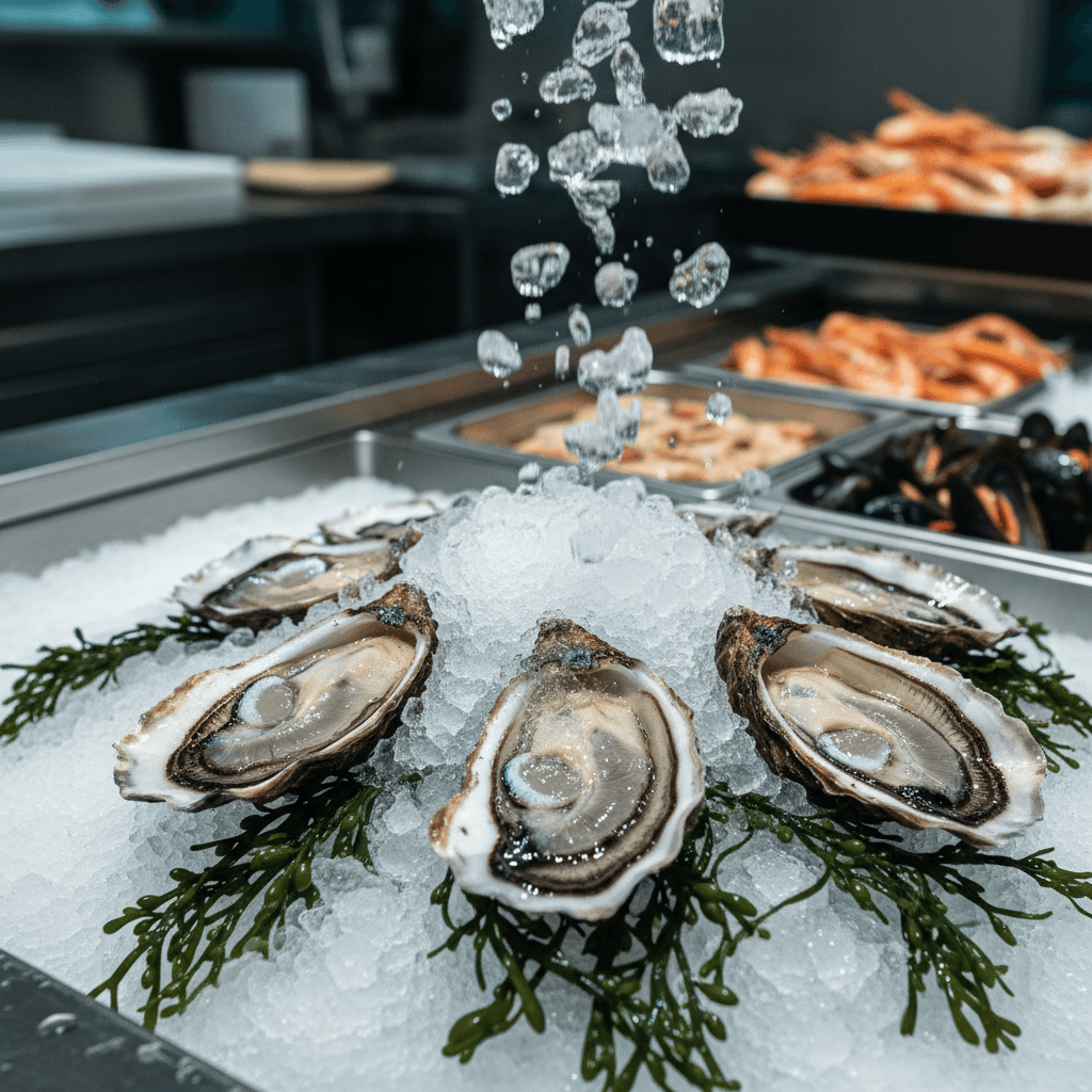 Fresh oysters on half shell with crushed ice and seaweed, showcasing premium shellfish quality and care