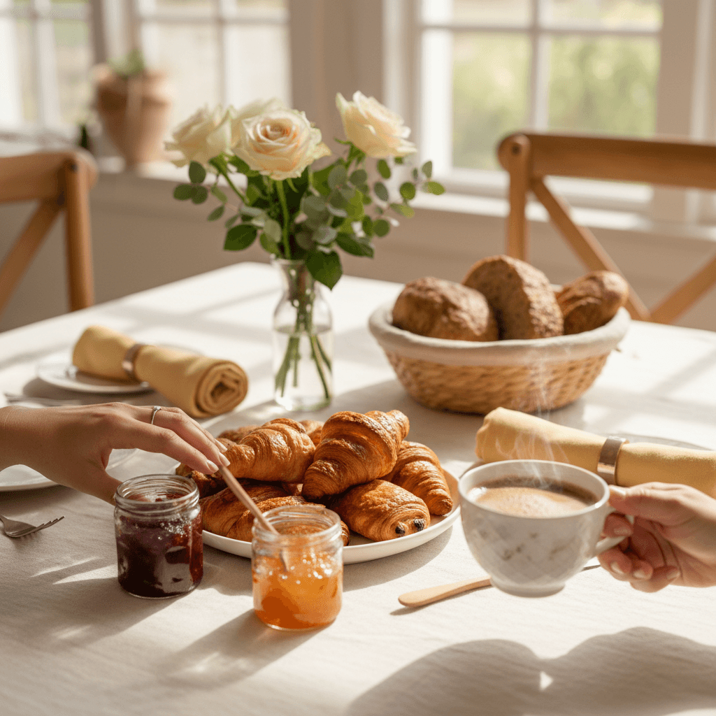 Guest's hands reaching for fresh pastries and coffee at a sunlit breakfast table with artisanal food and flowers