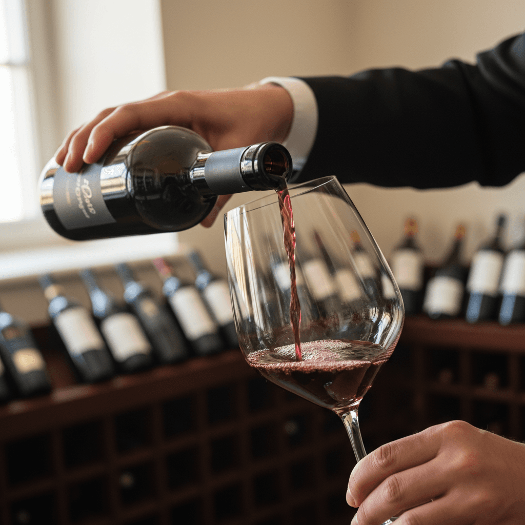 Sommelier pouring premium red wine into crystal glass with wine bottles blurred in background, natural lighting