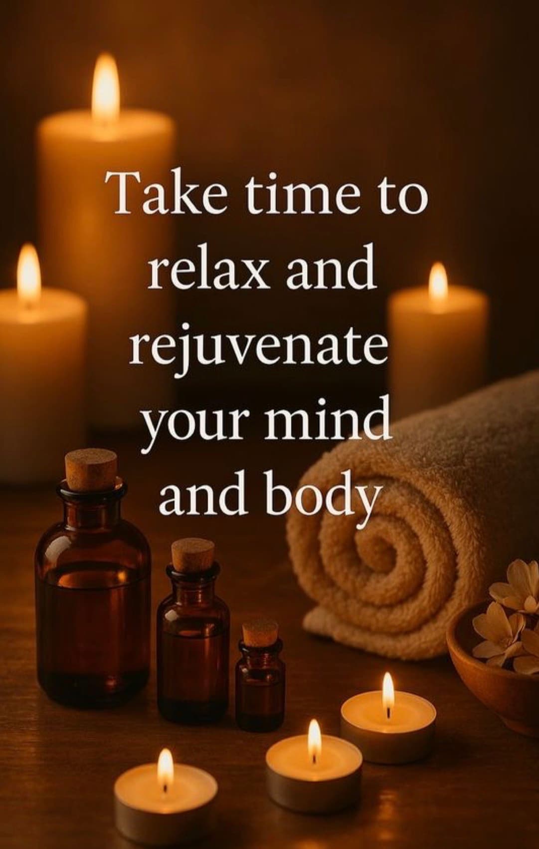 Lit candles, oil bottles, and rolled towel with text about relaxing mind and body.