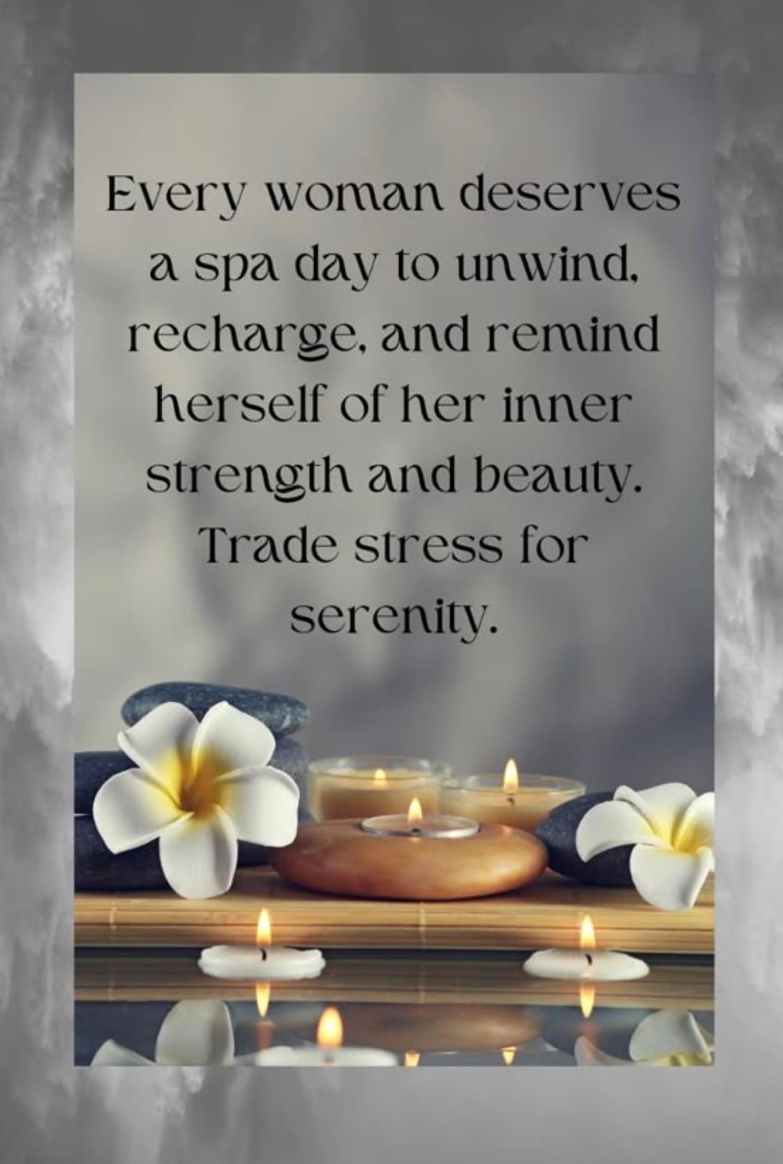 Inspirational quote about women's wellness above a serene spa scene with candles and frangipani flowers.